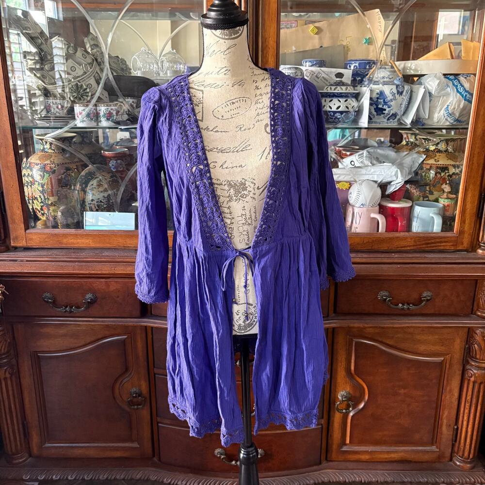 Diane von Furstenberg DVF Cardigan Womens M Purple Lace Trim Coverup Resortwear